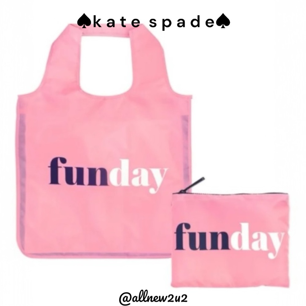 Kate Spade New York Reusable Shopping Tote Fun Day Pink Coral Pouch W Logo